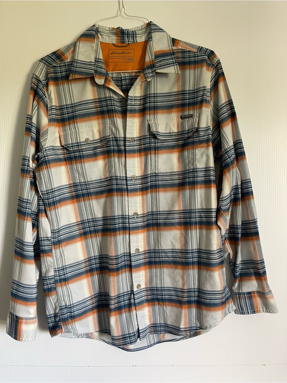Eddie Bauer White Plaid Button-Up Shirt with Orange and Navy Stripes